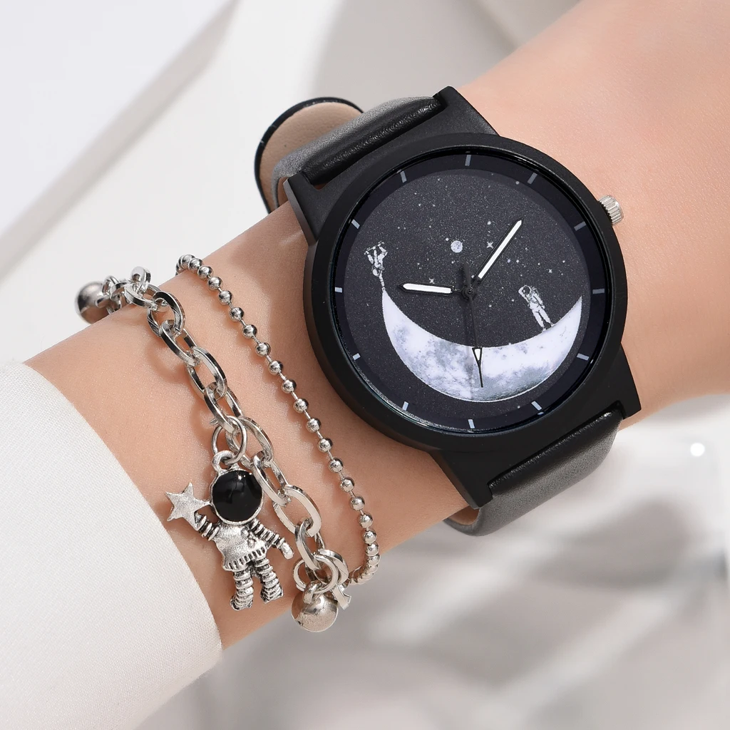 

Часы наручные женские кварцевые с рисунком астронавта, модные роскошные деловые, с кожаным ремешком