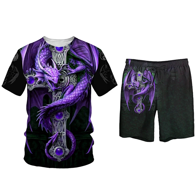 

Skull Dragon Print 3D T Shirt Shorts Lovers Sportswear Suit Plus Size Summer Two-piece Short-sleeved Top