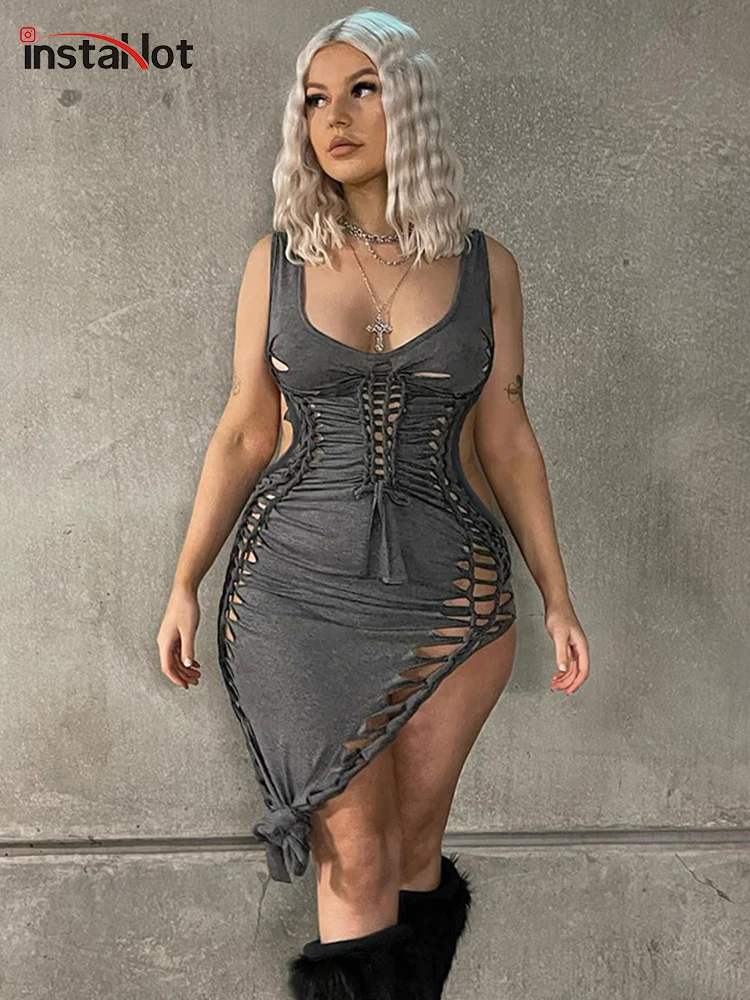 

InstaHot Sexy Hollow Out Lace Up Dress Streetwear Backless Sleeveless Bodycon Mini Dress Party Night Club V Neck Summer Outfit