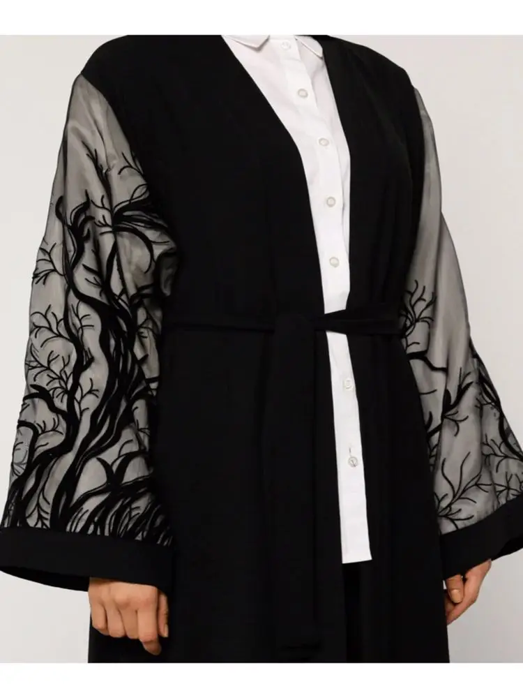 

Women Tulle Black Handles Advanced Feraye Embroidered abaya by Maxi Length Kimono Oversize Outer Wear Dresses Kaftan Dubai