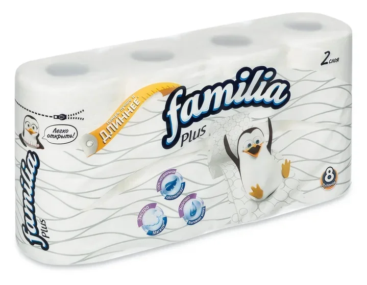 Туалетная бумага FAMILIA PLUS Белая 2 слоя 8 рулонов|Бумажные столовые салфетки| |