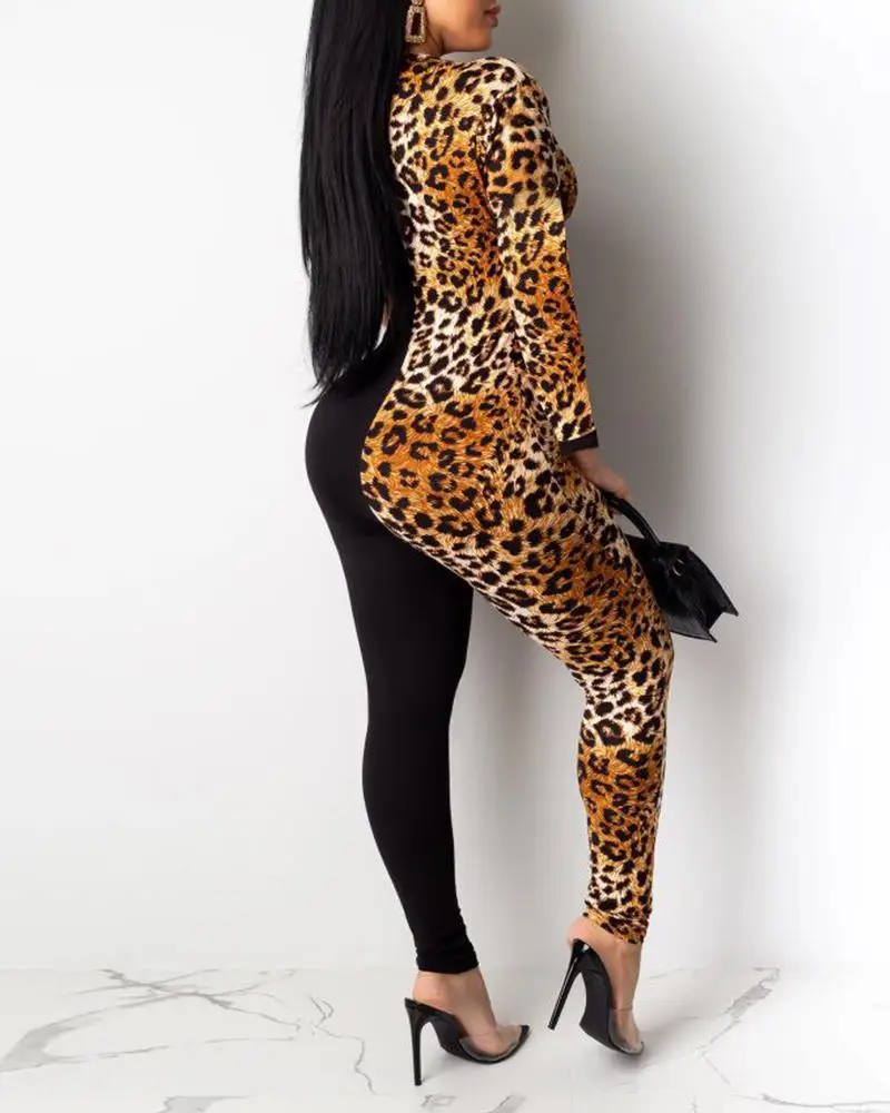 2020 Women Sexy Elegant Fashion Notched Neck Leopard Contrast Jumpsuit Long Sleeve Patchwork Casual Party Jumpsuit Female Spring