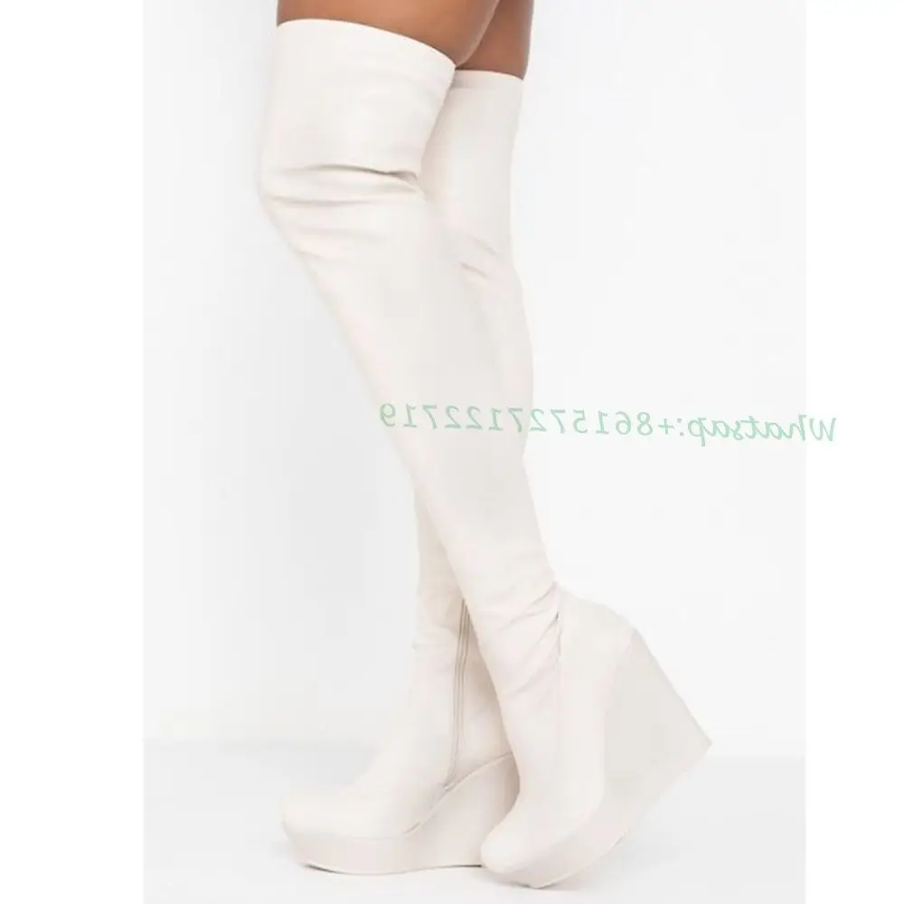 Женские сапоги выше колена на танкетке белые кожаные стрейч тонком каблуке с