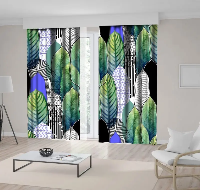 

Curtain Exotic Heliconia Leaves and Geometric Shapes in Line Modern Watercolor Style Graphic Art Blue Green