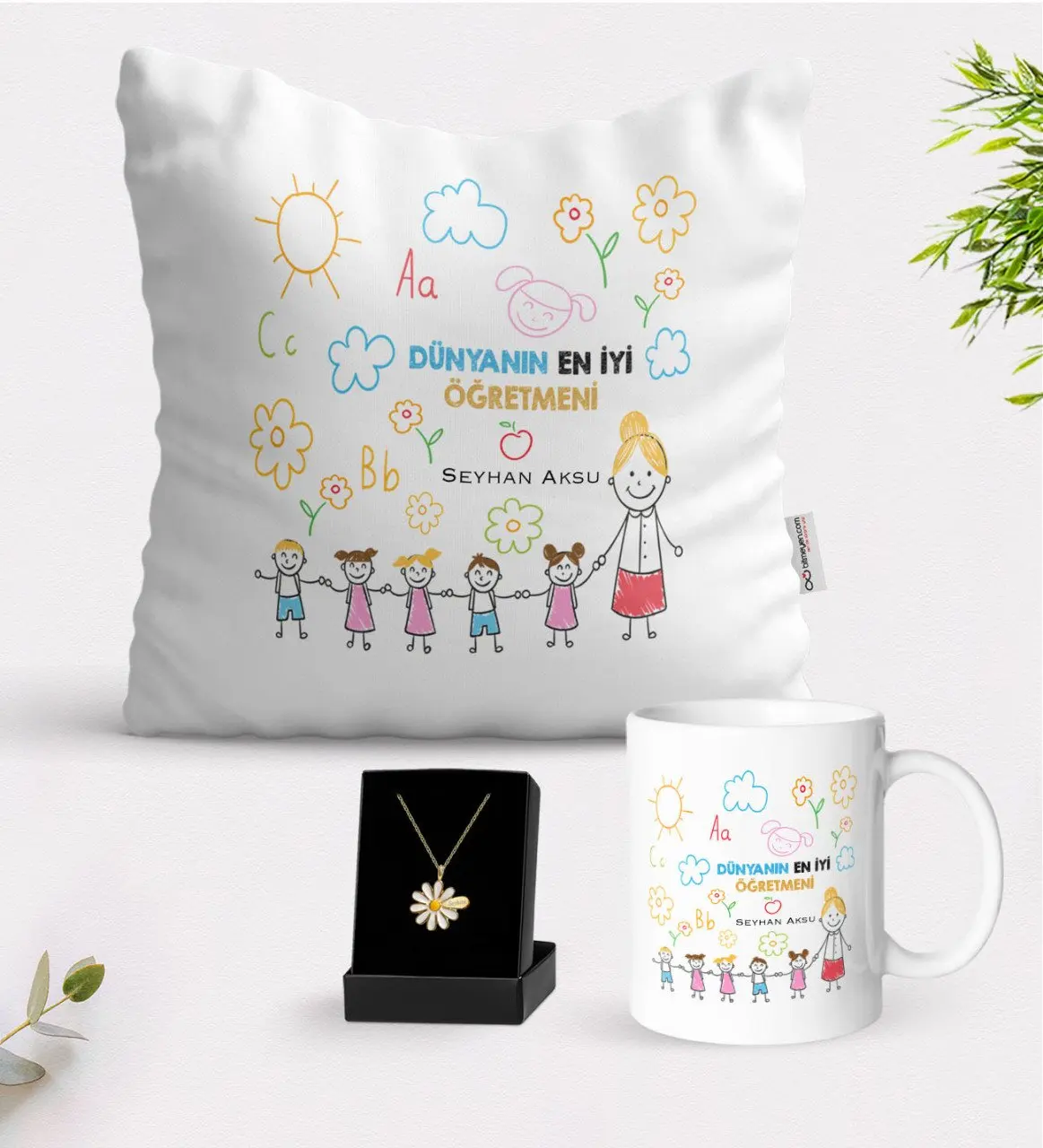 

Персонализированные лучшие мировые учитель белая кружка Подушка и ожерелье Маргаритка подарок Seti-25