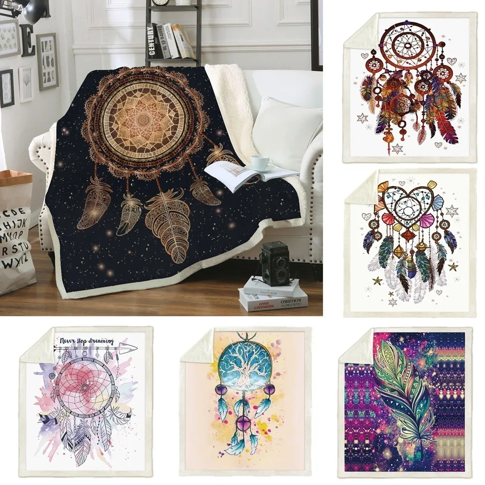 Декоративное плюшевое одеяло с принтом в виде перьев и колокольчиков шерпа