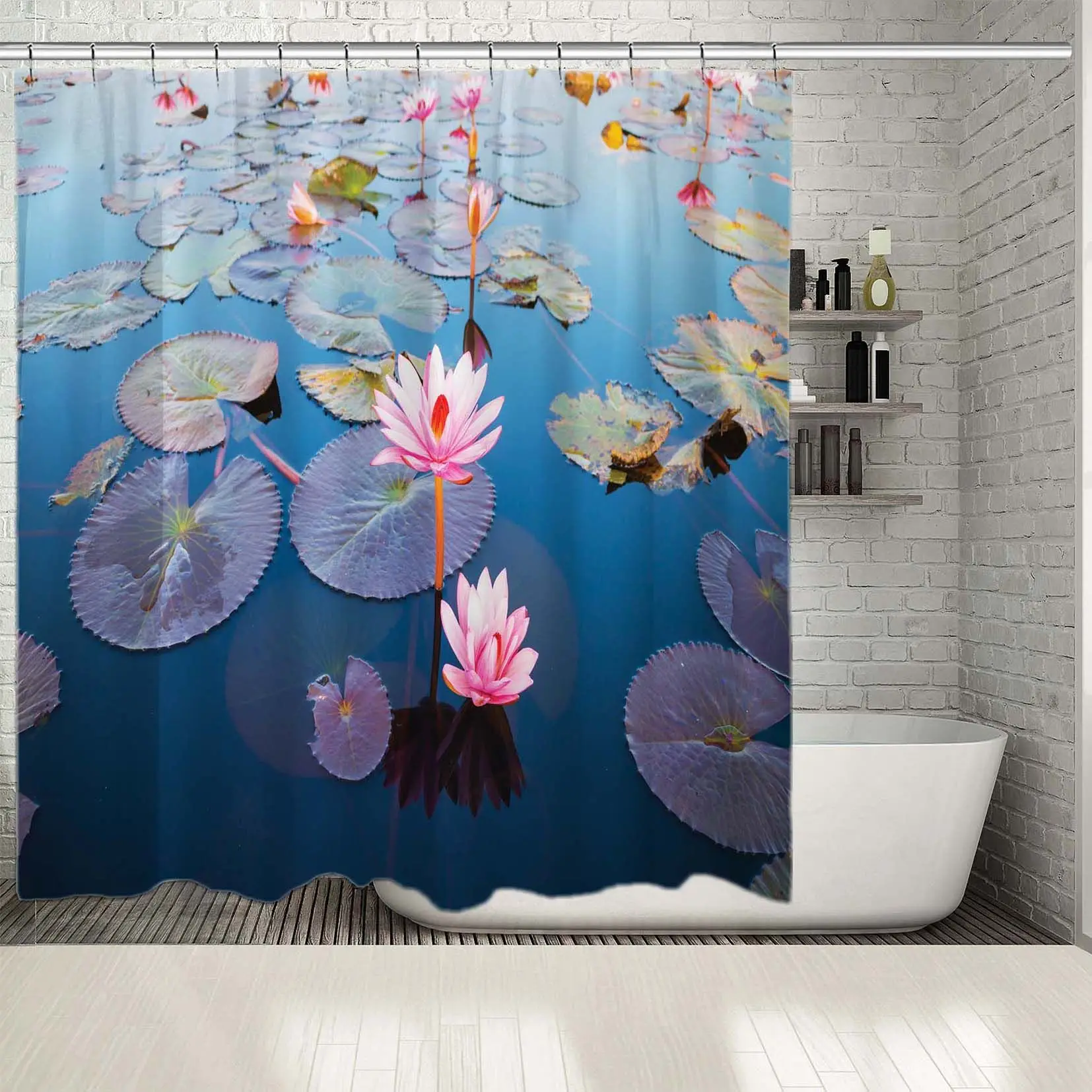 

Shower Curtain Beautiful Lotus Flower in A Lake in Waterlilies Oriental Garden Nature Waterscape Photo Pink Blue Green