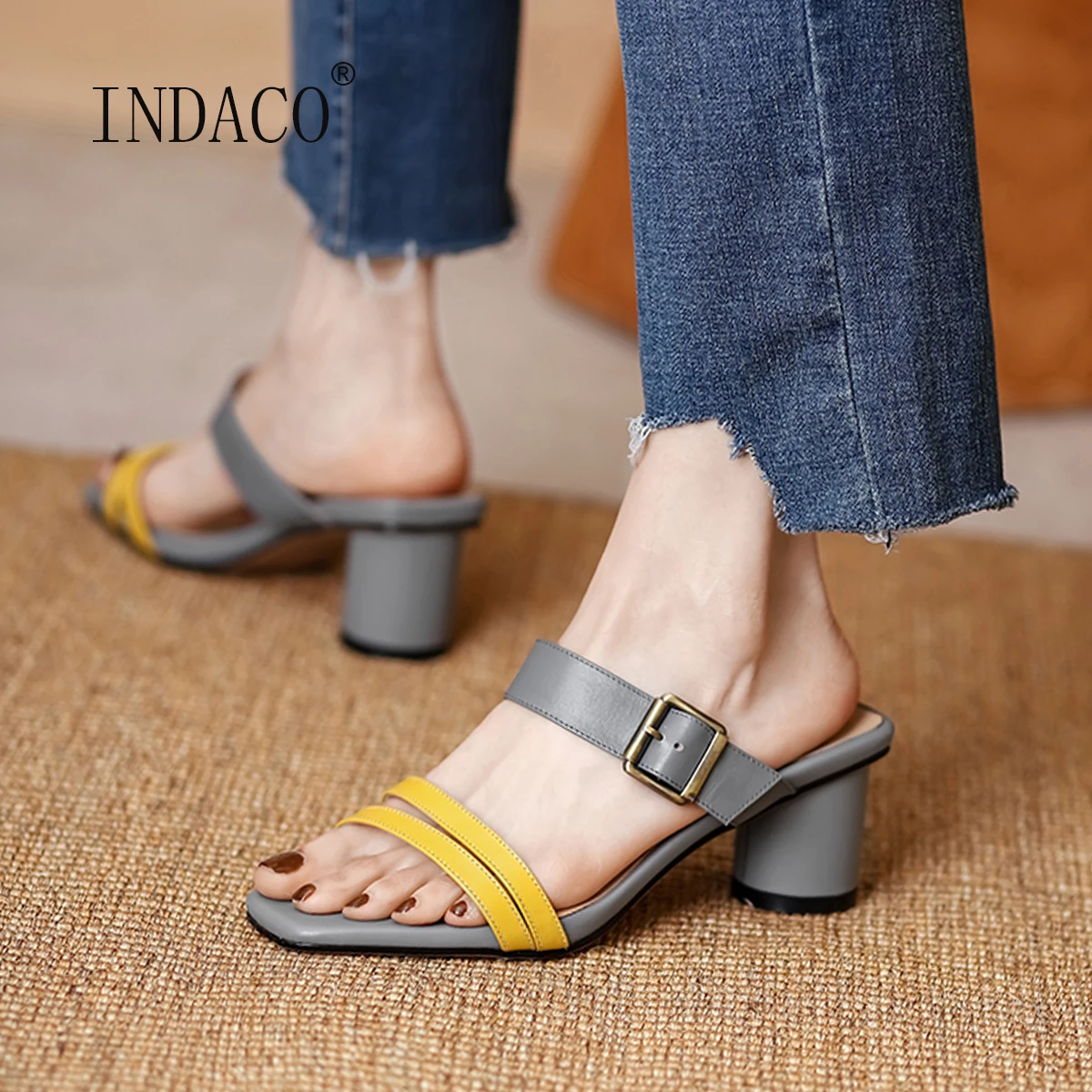 

2021 Summer Shoes Women Leather Open Toe Thick Heel Sandals Slip On Mixed Colors Slides 5.5 CM Black Grey