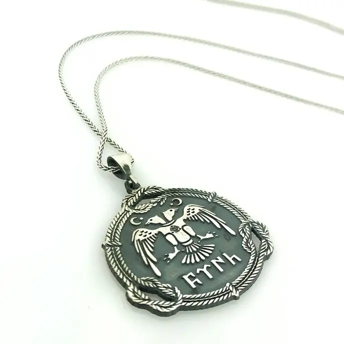 

Double-Headed Eagle Turkish Written Locket Silver Chain Necklace