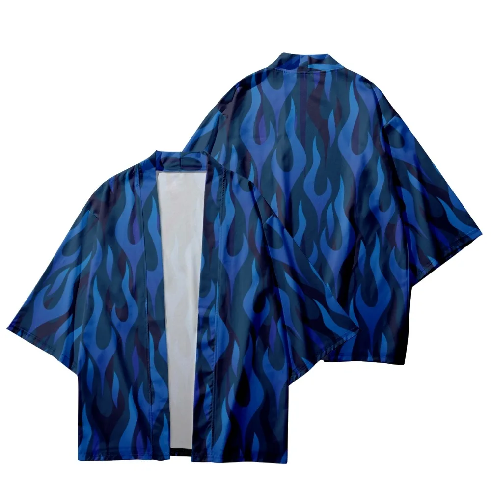 

Blue Flame Vintage Print Shirt Fashion Casual Harajuku Beach Men's and Women's Summer Shirt Kimono