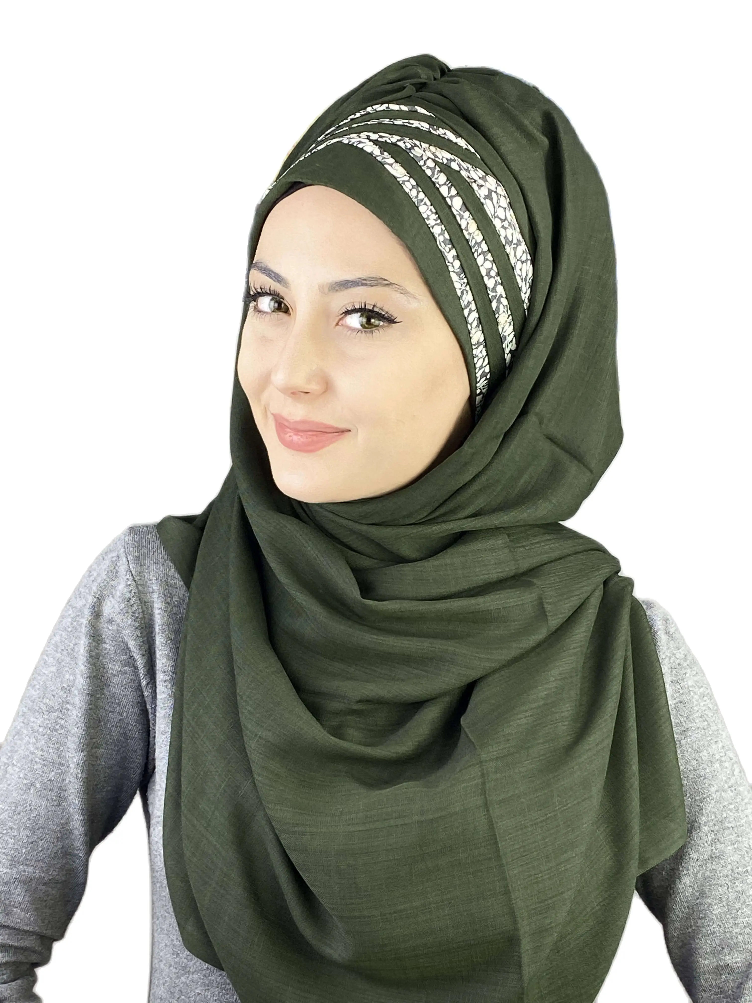 2022 Hijab Women's Hat Spring Summer New Fashion Islam Scarf Bonnet Muslim Glittery White Spotted Dark Green Cross Draped Shawl