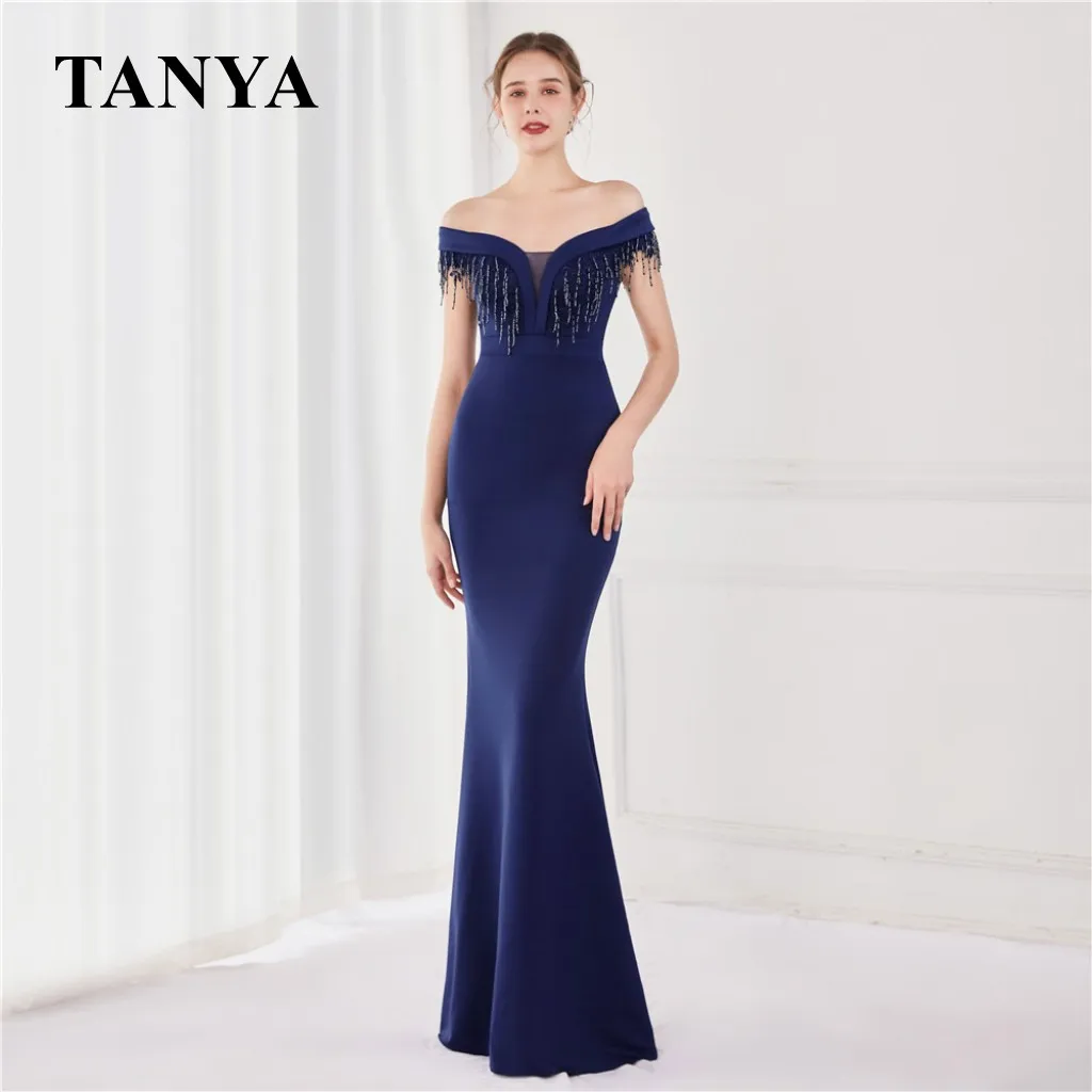 

Royal Blue Mermaid Evening Dresses Sexy Off The Shoulder Tassel Formal Floor Length Vestido De Fiesta Prom Gown YSAN1423