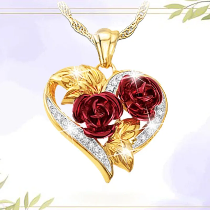 

Ladies Rose Flower Necklace White Cubic Zirconia Heart Necklace Wedding Engagement Anniversary Jewelry Gift