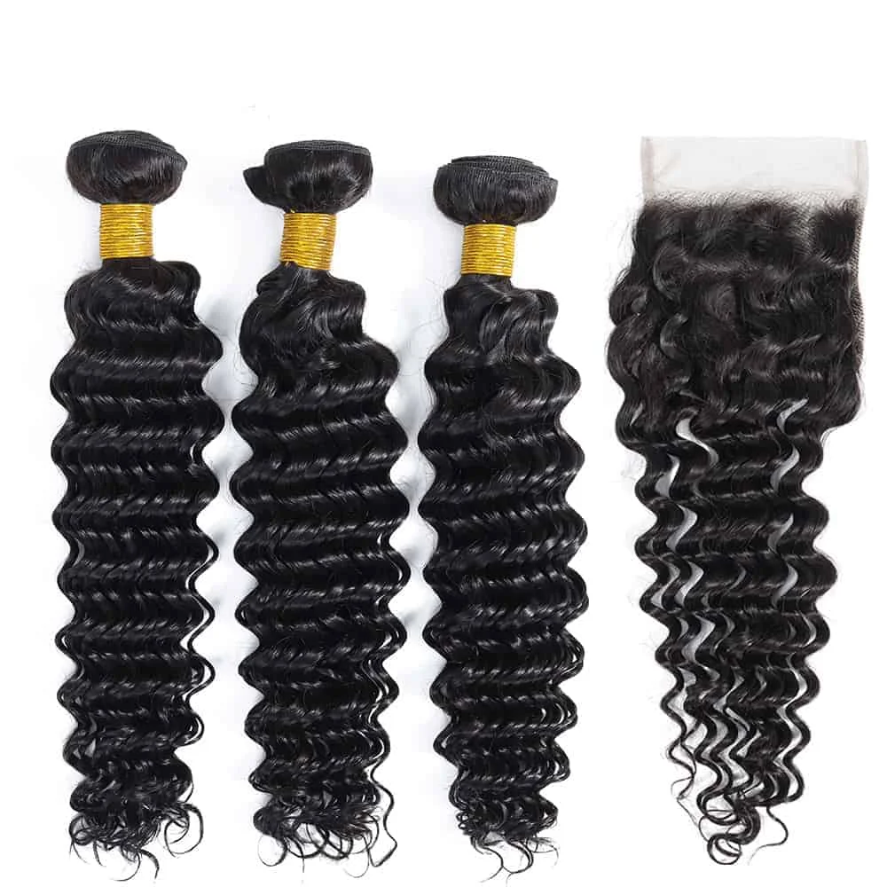 Перуанские пряди волос с глубокой волной застежкой 3/4 4 × кружевными застежками