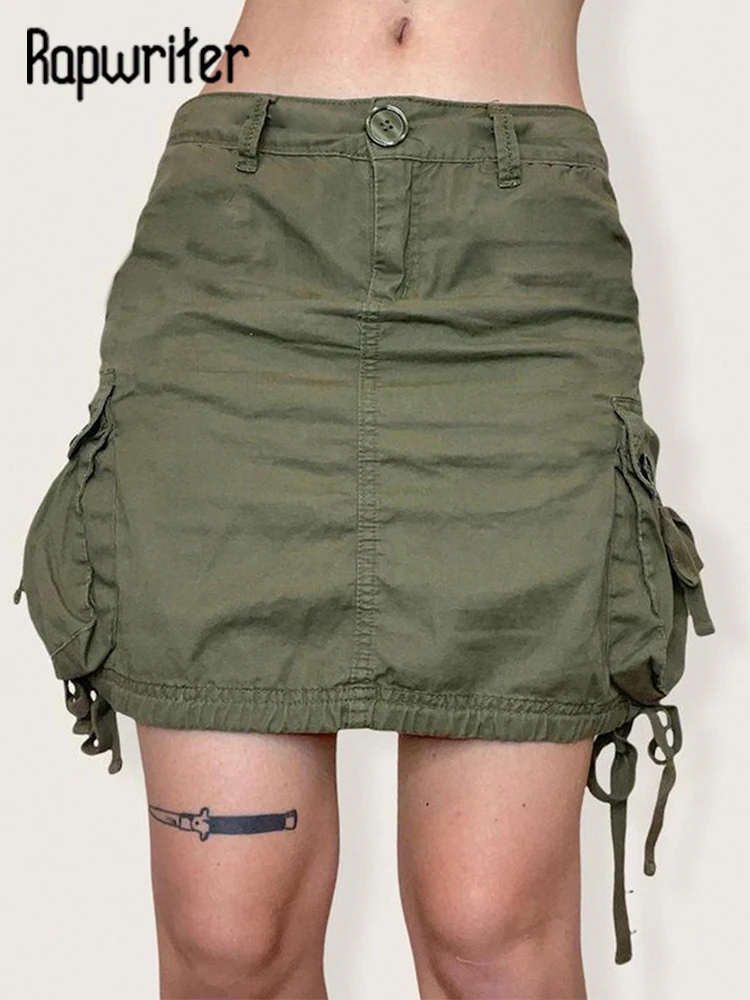 

Rapwriter y2k Green Shirring Button Aesthetic Skirt Casual Ruched Pocket Mini Skirt 2000s Retro Streetwear Punk Korean Clothes