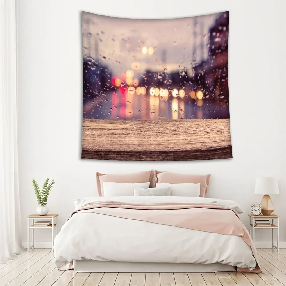 Tapestry Wooden Table with Blur Traffic View through a Car Windscreen Covered in Raindrops Rainy Evening Picture Brown Yellow | Дом и сад