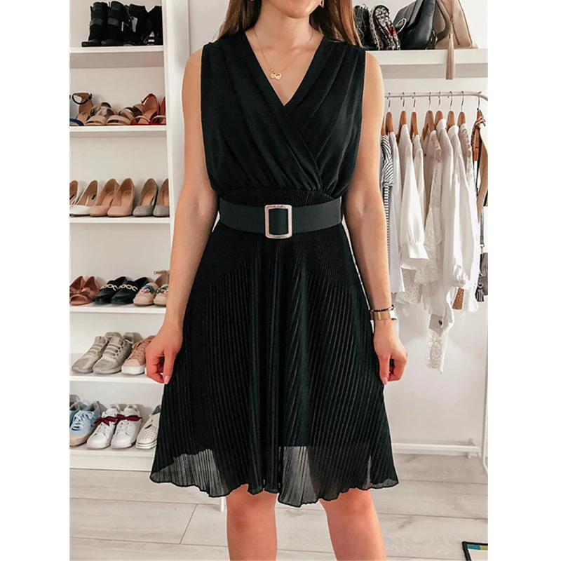 

DUYIT Chiffon V-Neck Sleeveless Pleated Dress Summer New Solid Color Temperament Belted Pleated Skirt