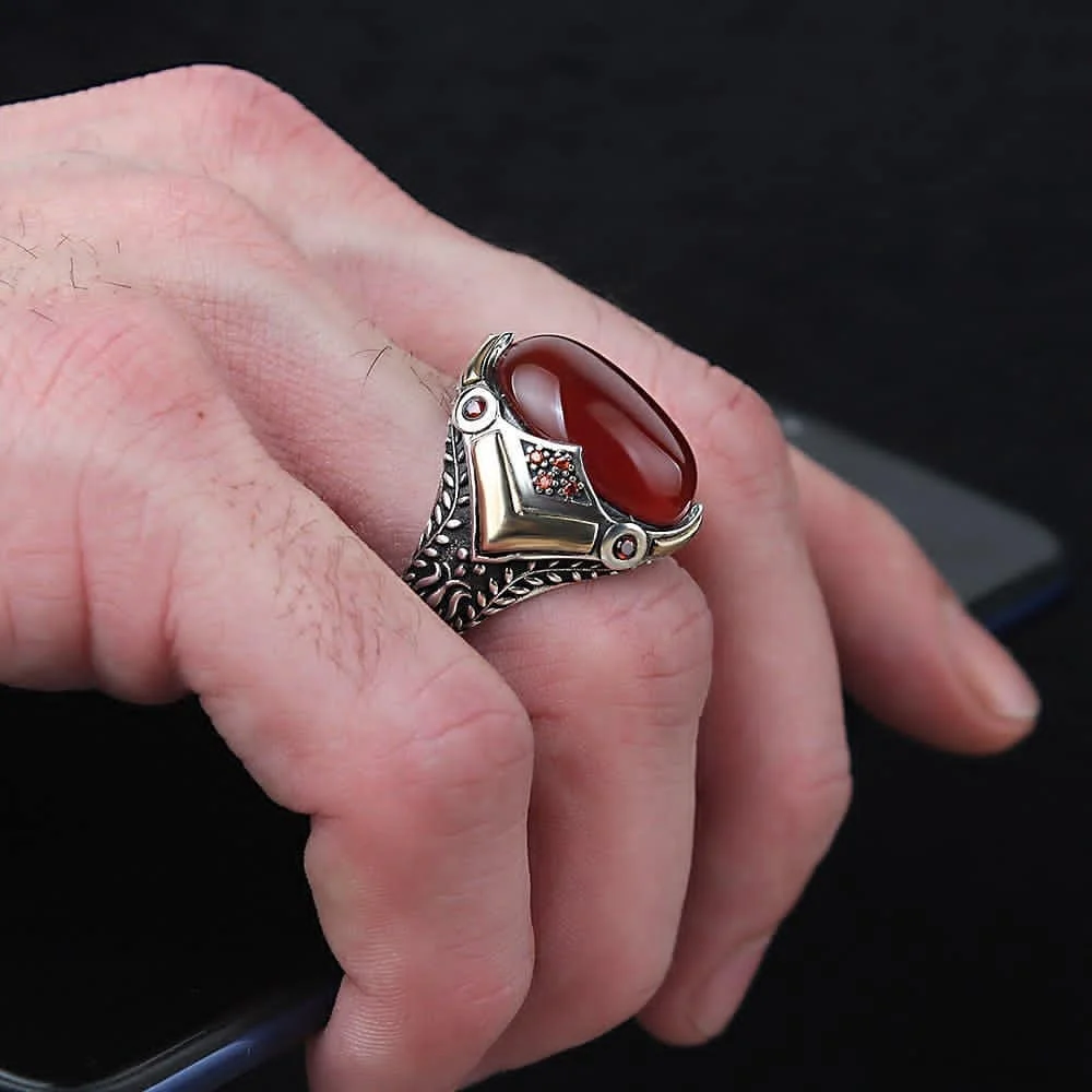 

Aqeeq Sterling Silver Ring,925 Sterling,natural aqeeq ring,Yameni red akik, aqeeq stone ring, all Size-Gemstone Ring