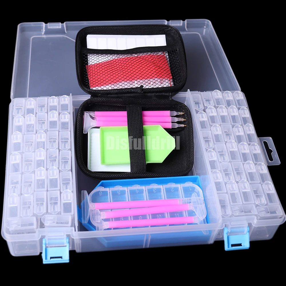 

Набор инструментов для алмазной живописи, 64 ячейки, пластиковый ящик для хранения и набор инструментов, инкрустация 34 шт., аксессуары для ал...