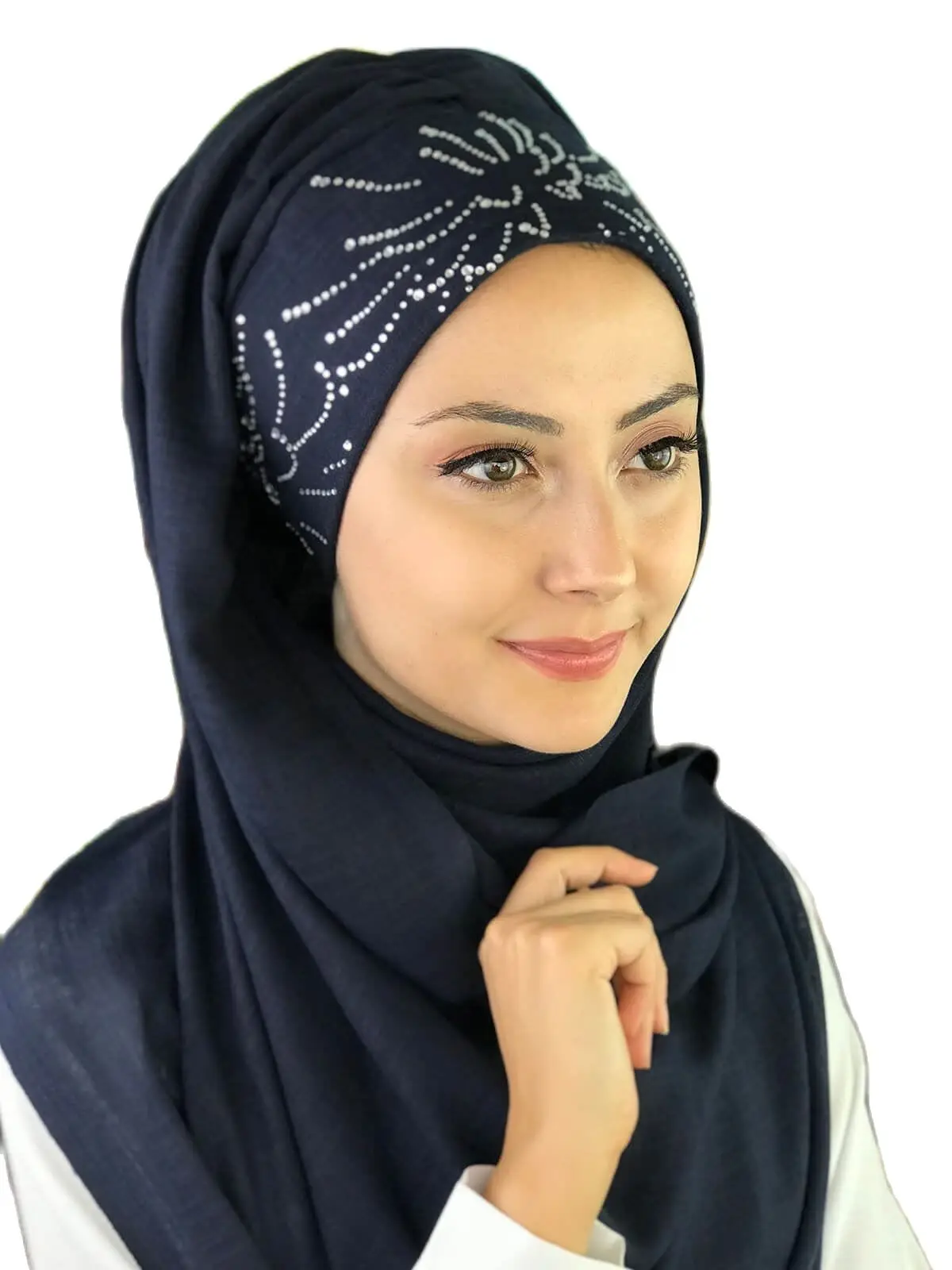 

2021New Fashion Hijab Women Muslim Islamic Chiffon Scarf Hat Foulard Silver Sequin Printed Firecracker Patterned Navy Blue Shawl