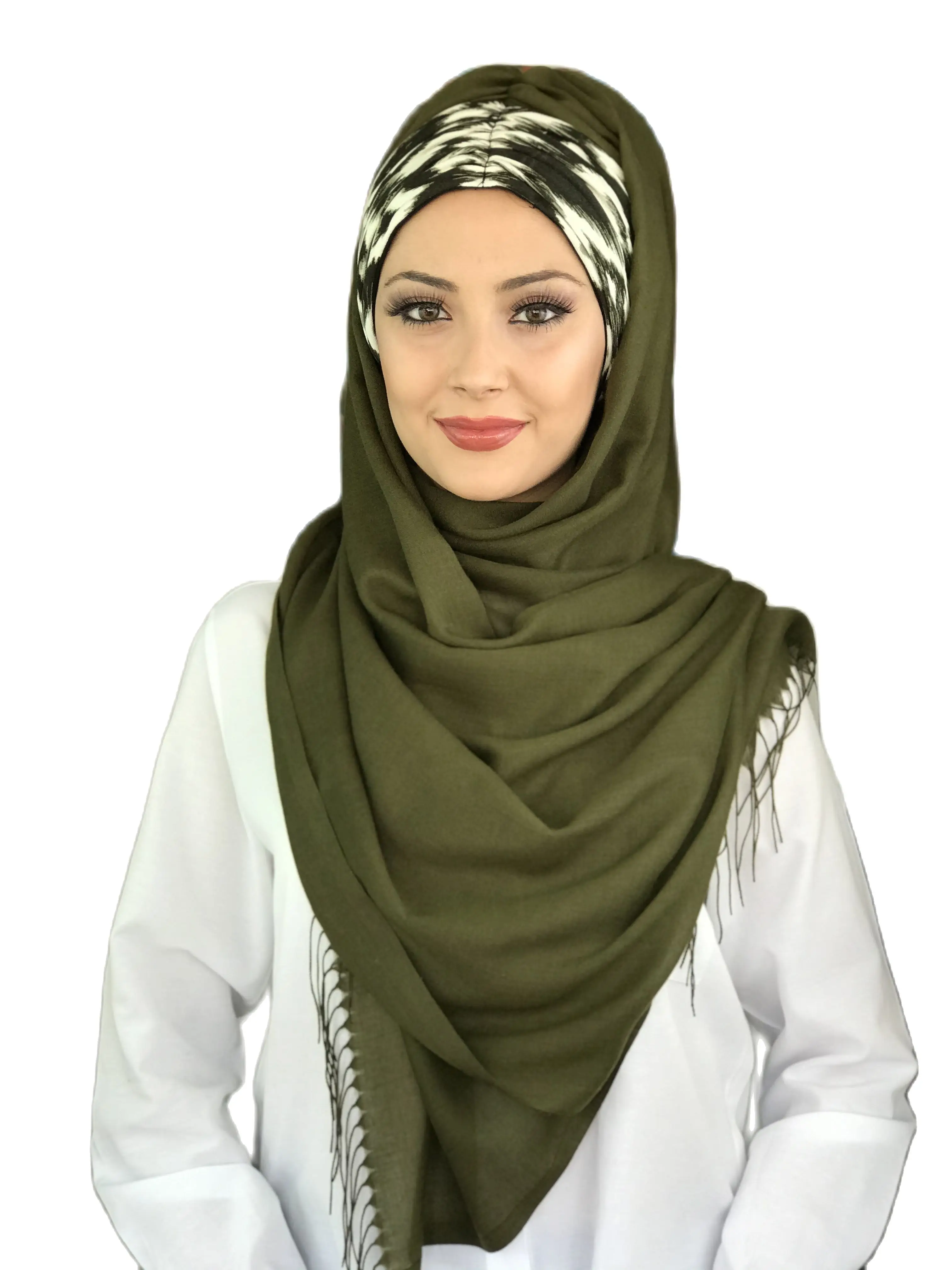 New Fashion Hijab 2021 Women Muslim Chiffon  Islamic Women's Hat Dark Khaki Color Cream Detailed Pleated Ready-made Shawl