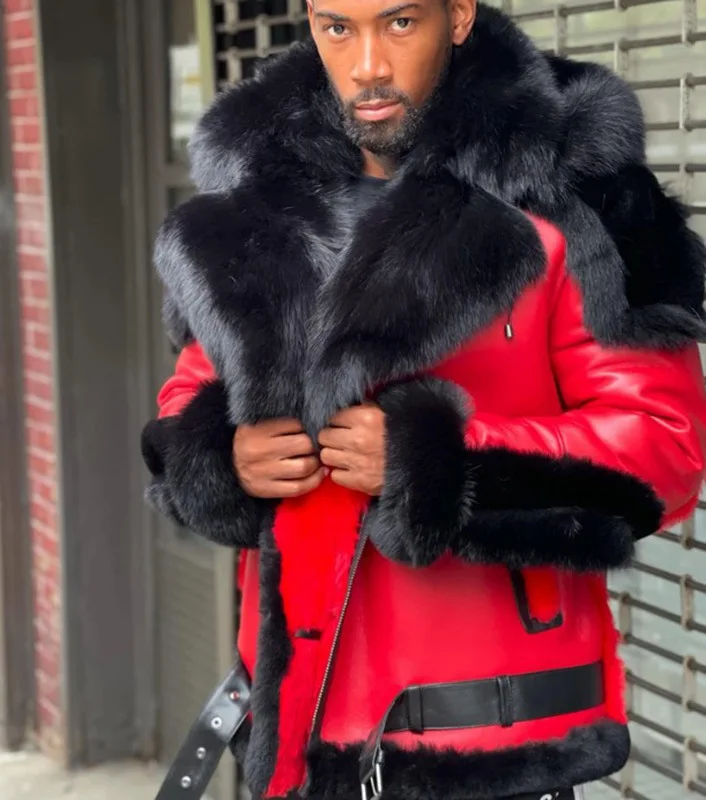 

Men's coat, new fashion winter thick jacket, warm, plush jacket, plus thicker fur collar and fur in one red men's leather jacket