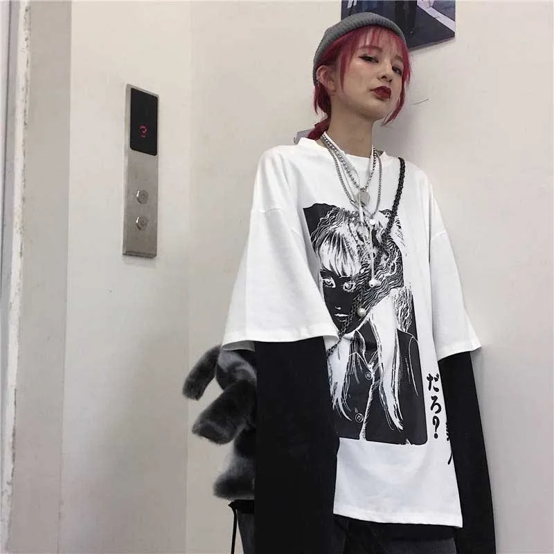 NiceMix Harajuku футболка женская поддельная 2 шт. принт японский Fujiang Ужасы комиксы длинный рукав рубашка Женская Vetement Femme