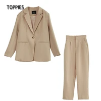 toppies 2021 womens office suit fashion blazer pants ankle length pants high waist solid color suit collar long sleeve