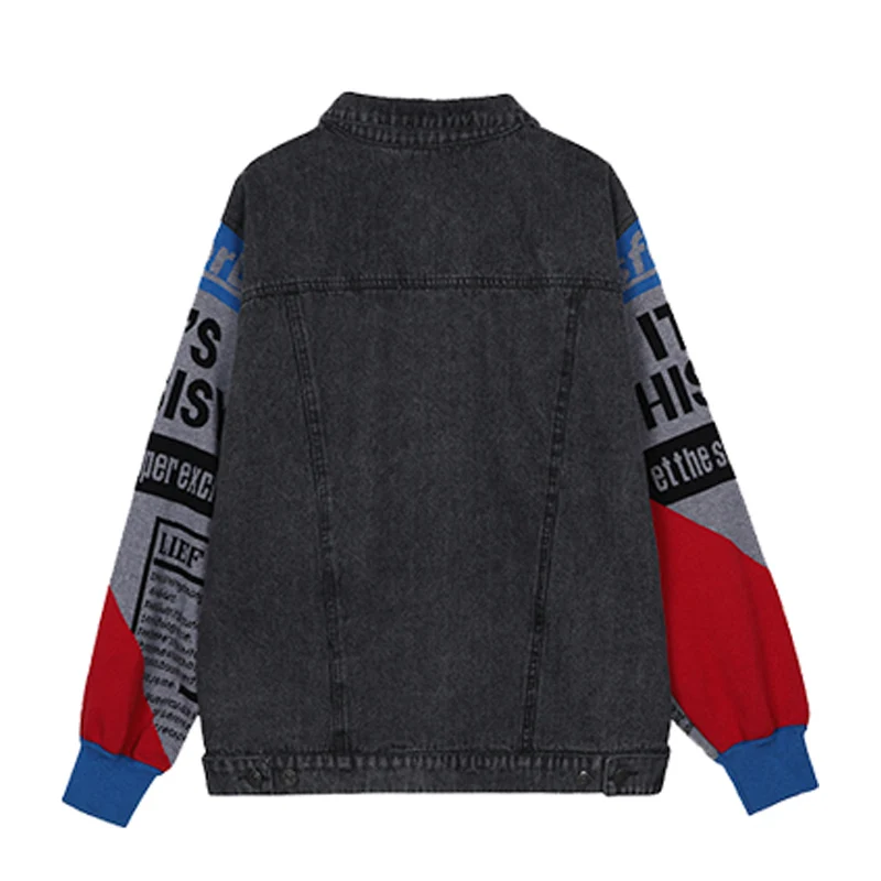 

Autumn Short Denim Jackets Women Long Sleeve Stitching Color Patchwork Letter Vintage Female Casual Coat Abrigo Mujer Streetwear