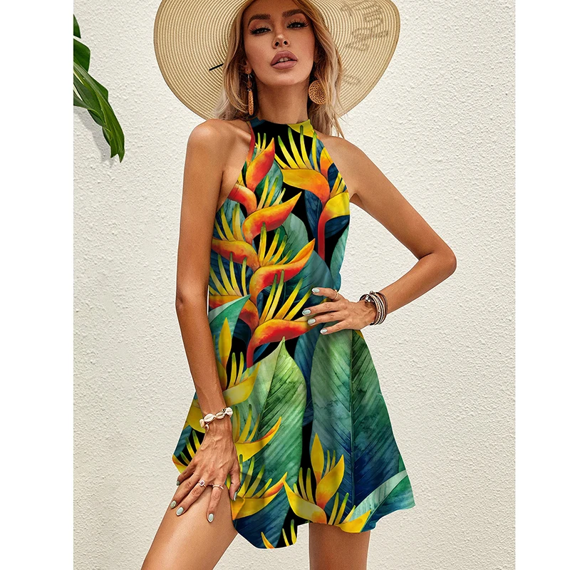 

Fashion Women Summer Sleeveless Tropical Printed Sexy Slim O Neck Tie Halter Dress Nightclub Party Elegant Evening Dresses