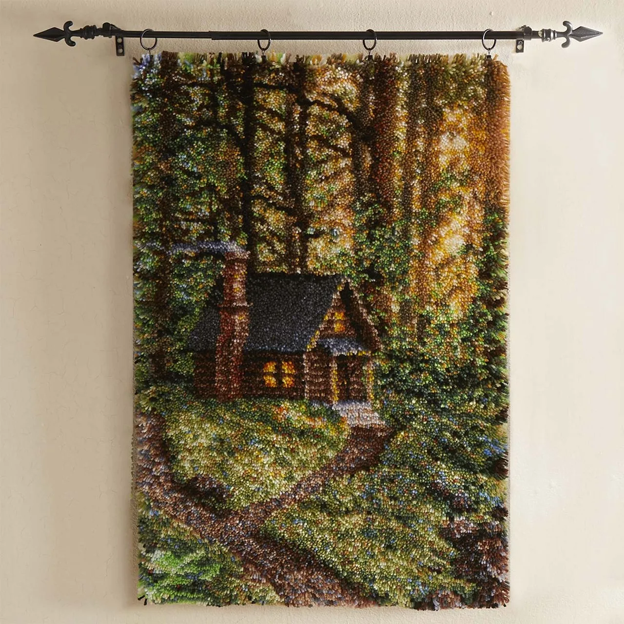 

Latch Hook Kits Forest Dawn Cabin Wall Hanging DIY Carpet Rug Pre-Printed Canvas with Non-Skid Backing Floor Mat 69x102cm