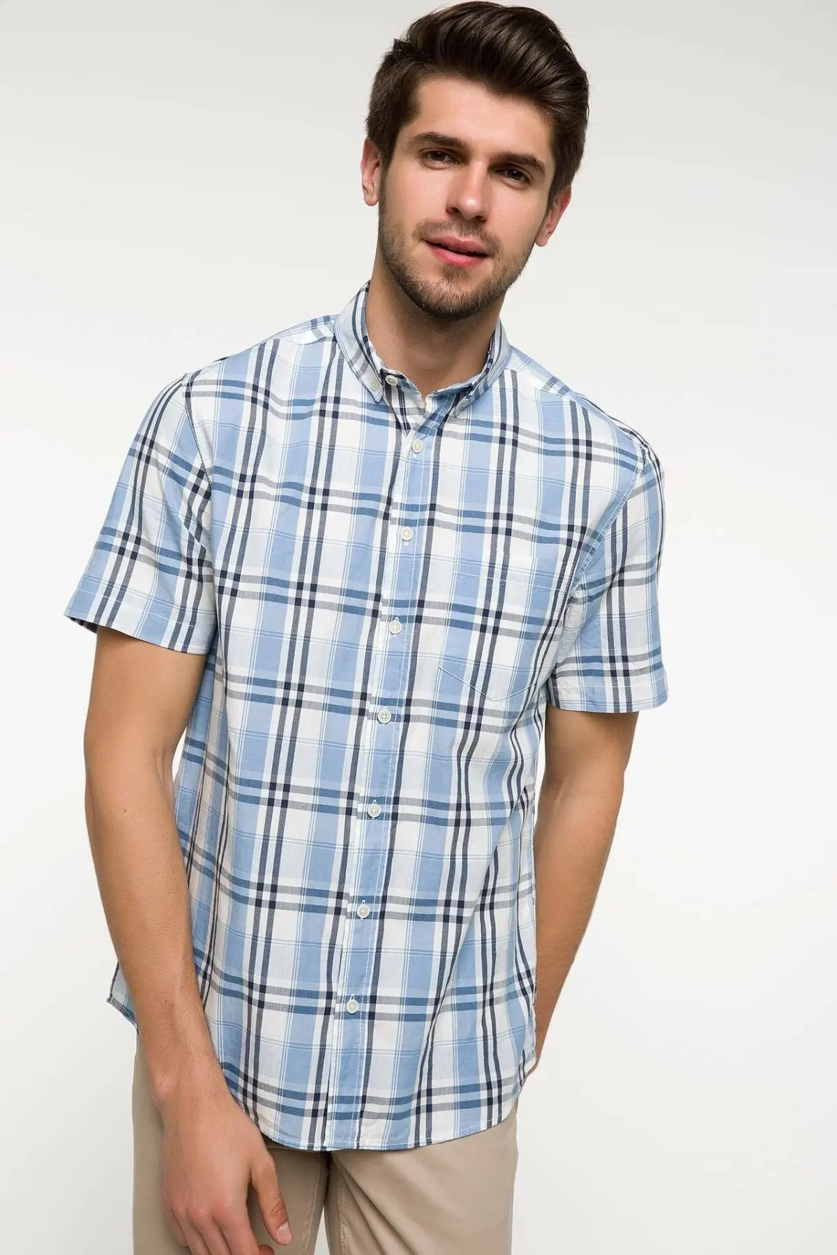 DeFacto Man Summer Plaids Short Sleeve Shirt Men Smart Casual White Grids Top Shirts-I7874AZ18SM | Мужская одежда