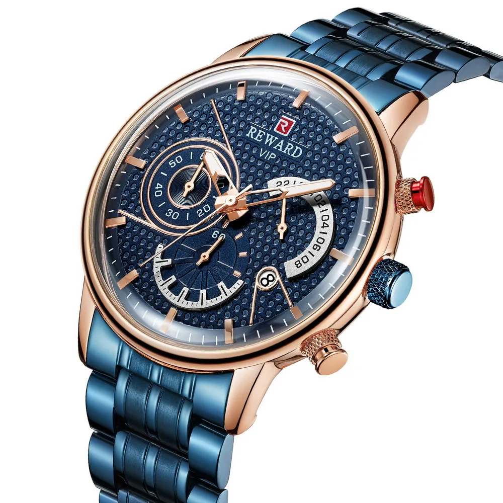 Reward мужские голубые часы с ремешком из нержавеющей стали кварцевые модные