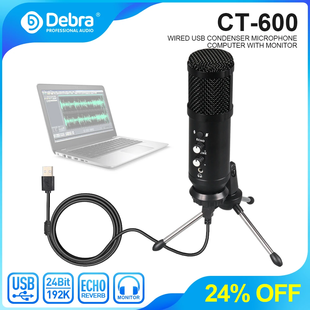 

Debra CT-600 With USB Interface Condenser Microphone,Have Monitor,Reverberation,Mute Functions,Suitable For Live, Recording