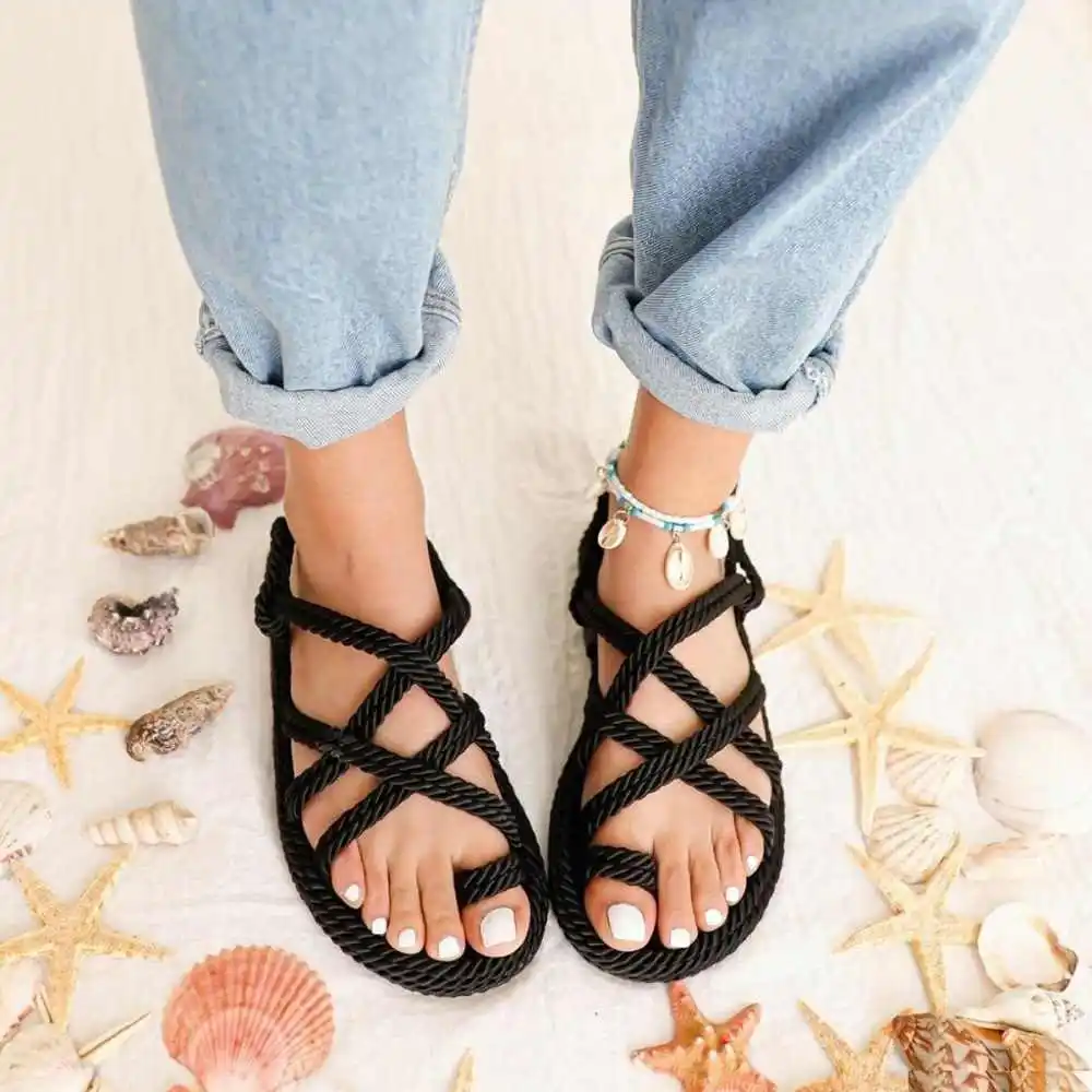 Women Summer Straw Rope Mesh Rome Sandals Cross Tied Flat Base Sea Beach Casual Light Coolest Multi Elegant Design Flip Flop