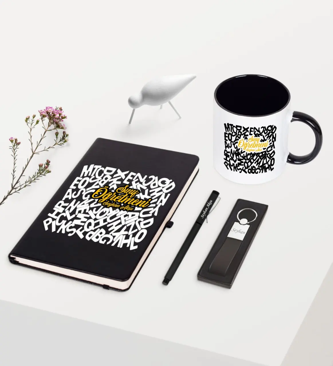 

Personalized Class Teacher Themed Black Notebook Pen Keychain Mug Set-3