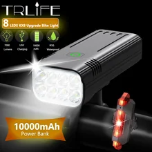 TRLIFE 10000mAh 8 LED Bike Light Waterproof USB Rechargeable LED Bicycle Light 7000 Lumens Flashlight and Headlamp as power Bank