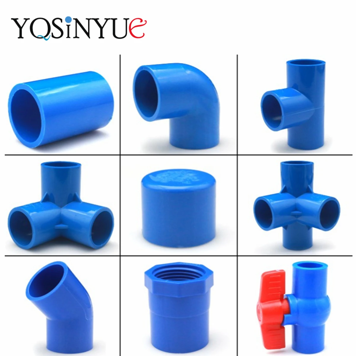

PVC Water Supply Pipe Fittings Blue Straight Elbow Solid Equal Tee Four-way Connectors Plastic Joint Irrigation Water Parts