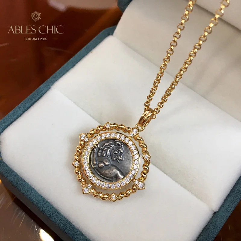 Solid 925 Silver Antique Coin Flipping Pendant 18K Gold Tone Roman Antique Sculptures Party Necklaces C11N3S25982