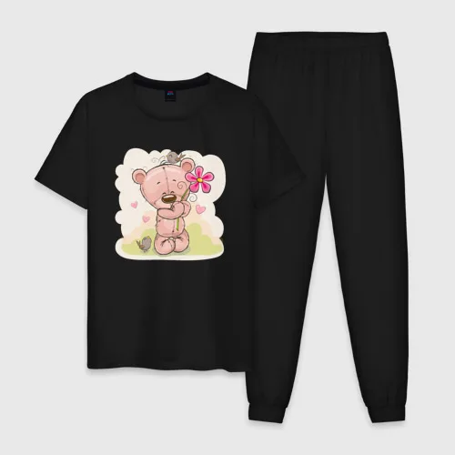 Мужская пижама хлопок Милый мишка с цветочком|Мужские спортивные костюмы| |