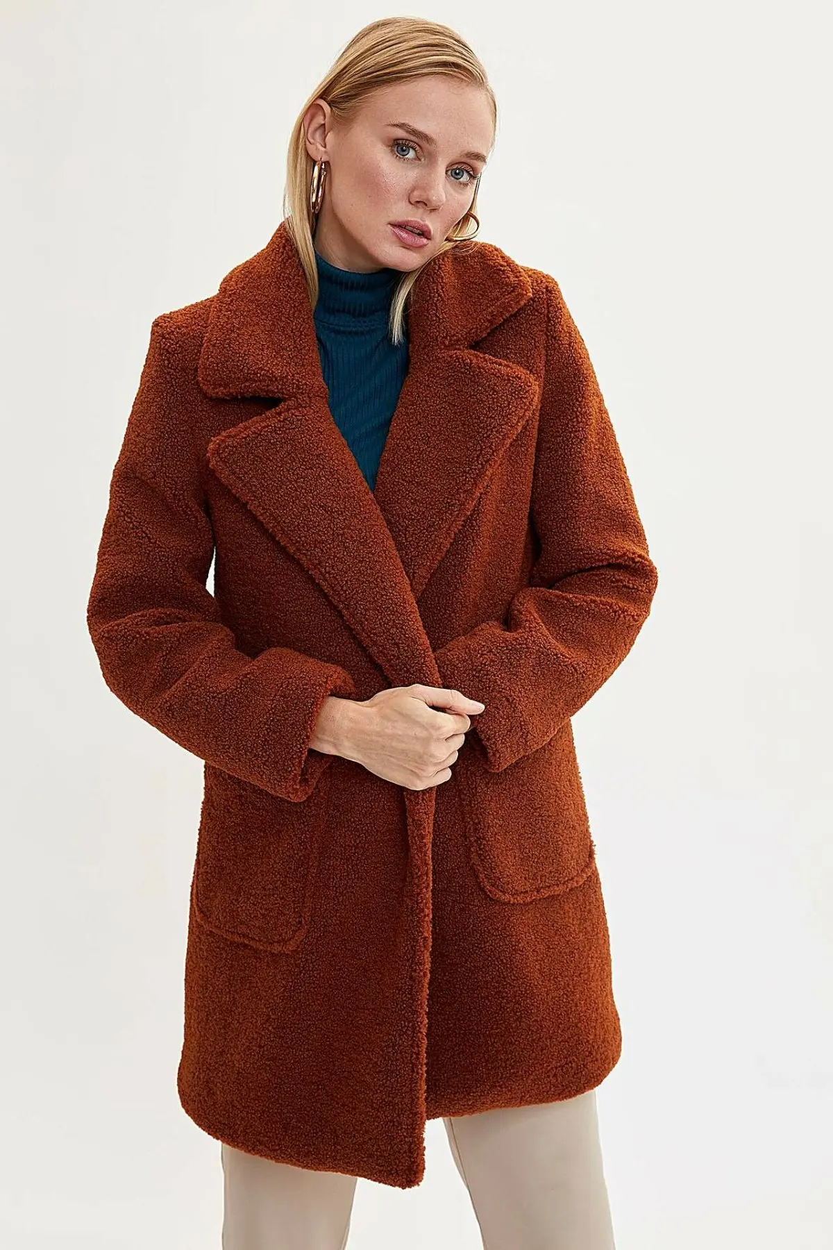 Дефакто Дамская мода воротник с лацканами утолщенная куртка женская однотонная