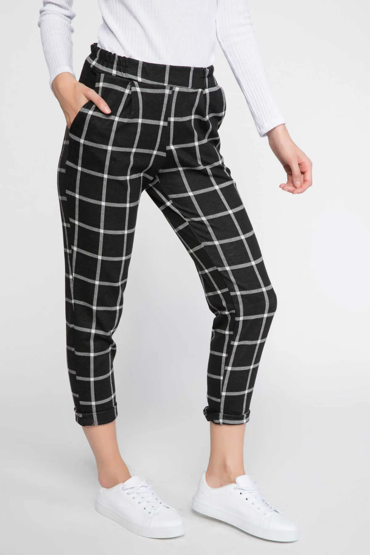 Дефакто женские клетчатые брюки с высокой талией Формальные элегантные мягкие