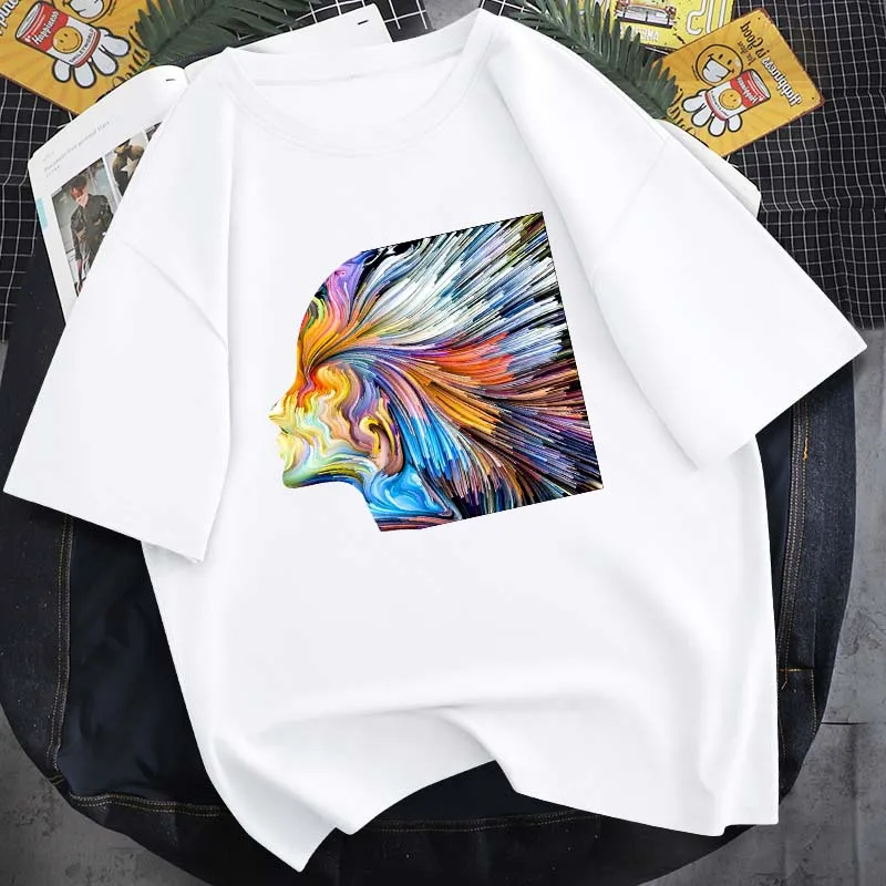 

Fashionable Neutral Art Face Print Harajuku T-Shirt Summer Casual Pure Cotton Round Neck Short Sleeve 14-Color Loose Simple Top