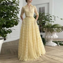 Lorie luz modesta amarelo a linha vestidos de noite mangas compridas lapela pescoço tule pequena margarida formal vestidos de baile com faixa de veludo (4)