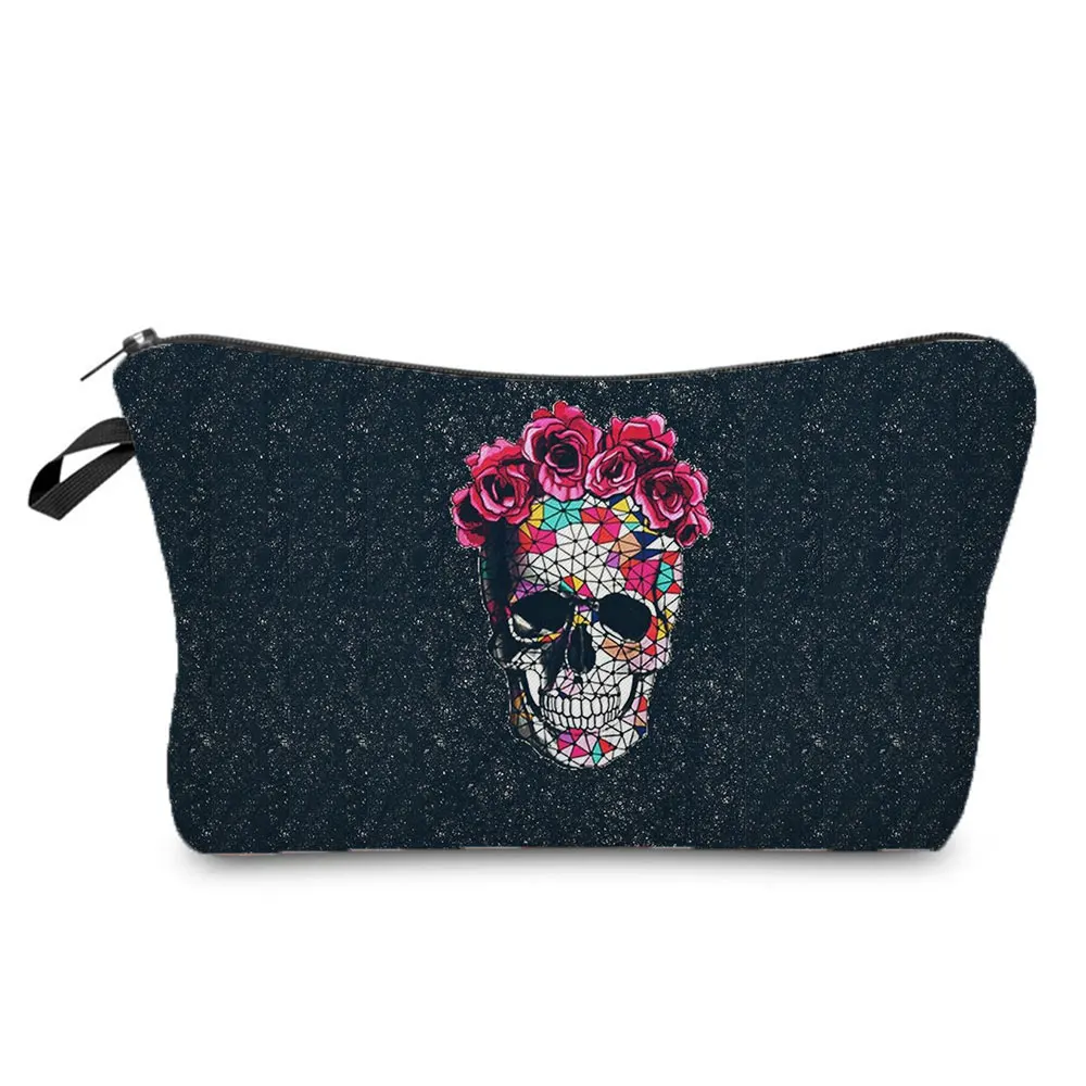 

Rose Colorful Skull Printed Cosmetics Bags Cool Fashion Small Toiletry Bag Halloween Candy Bag High Quality Storage Bags Female