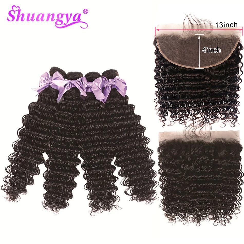 

Peruvian Deep Wave 3/4 Bundles With Frontal 13x4 Lace Frontal Closure With Bundles Remy Human Hair Frontal With Bundles Shuangya