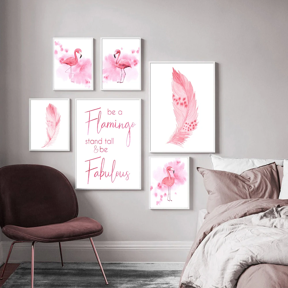 

Nordic Pink Feather Flamingo Poster Animal Canvas Painting Nursery Picture Watercolor Wall Art Prints Baby Girl's Bedoom Decor
