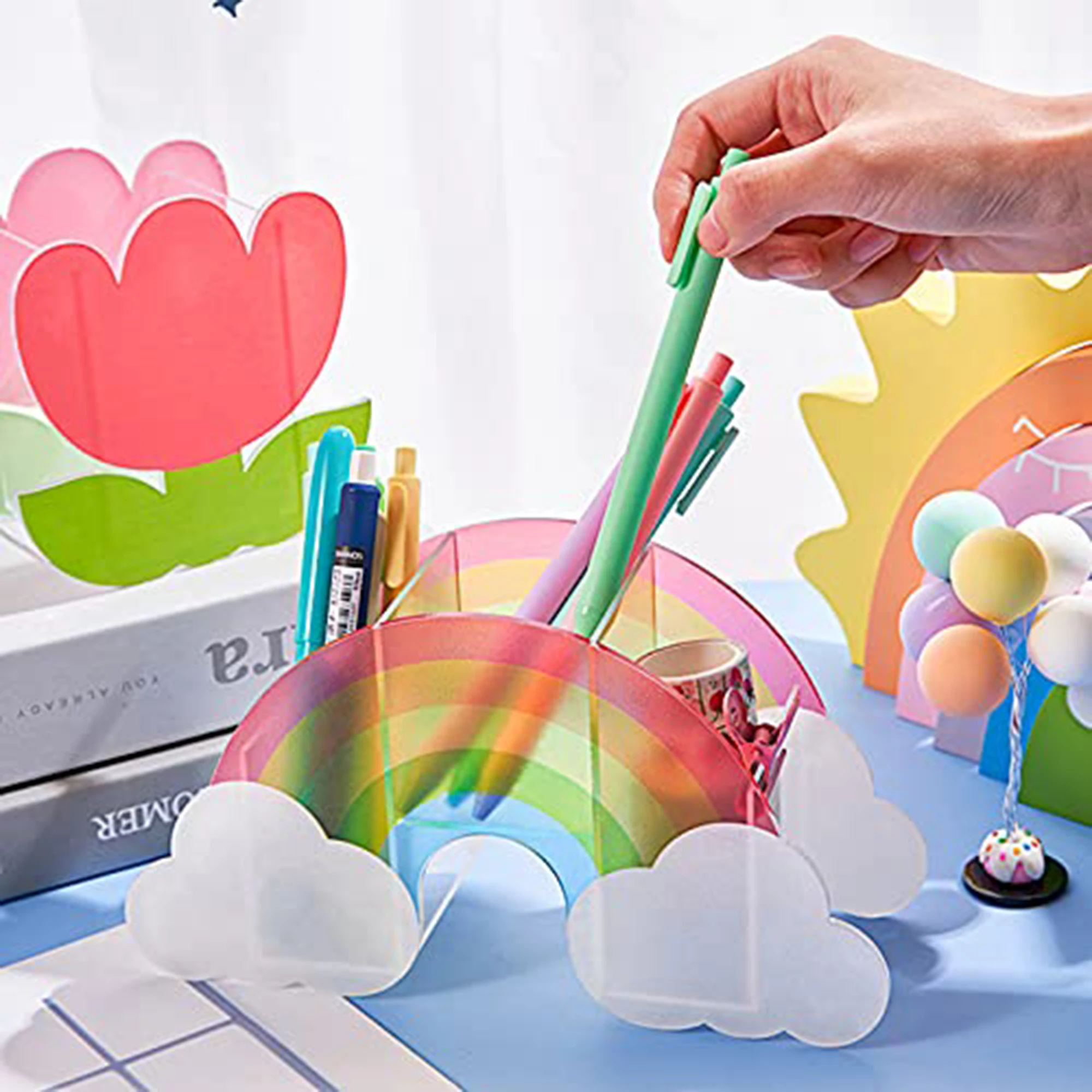 

Acrylic Pen Holder Cute Cartoon Desktop Stationery Organizer Multifunctional Storage Case for Bathroom Table