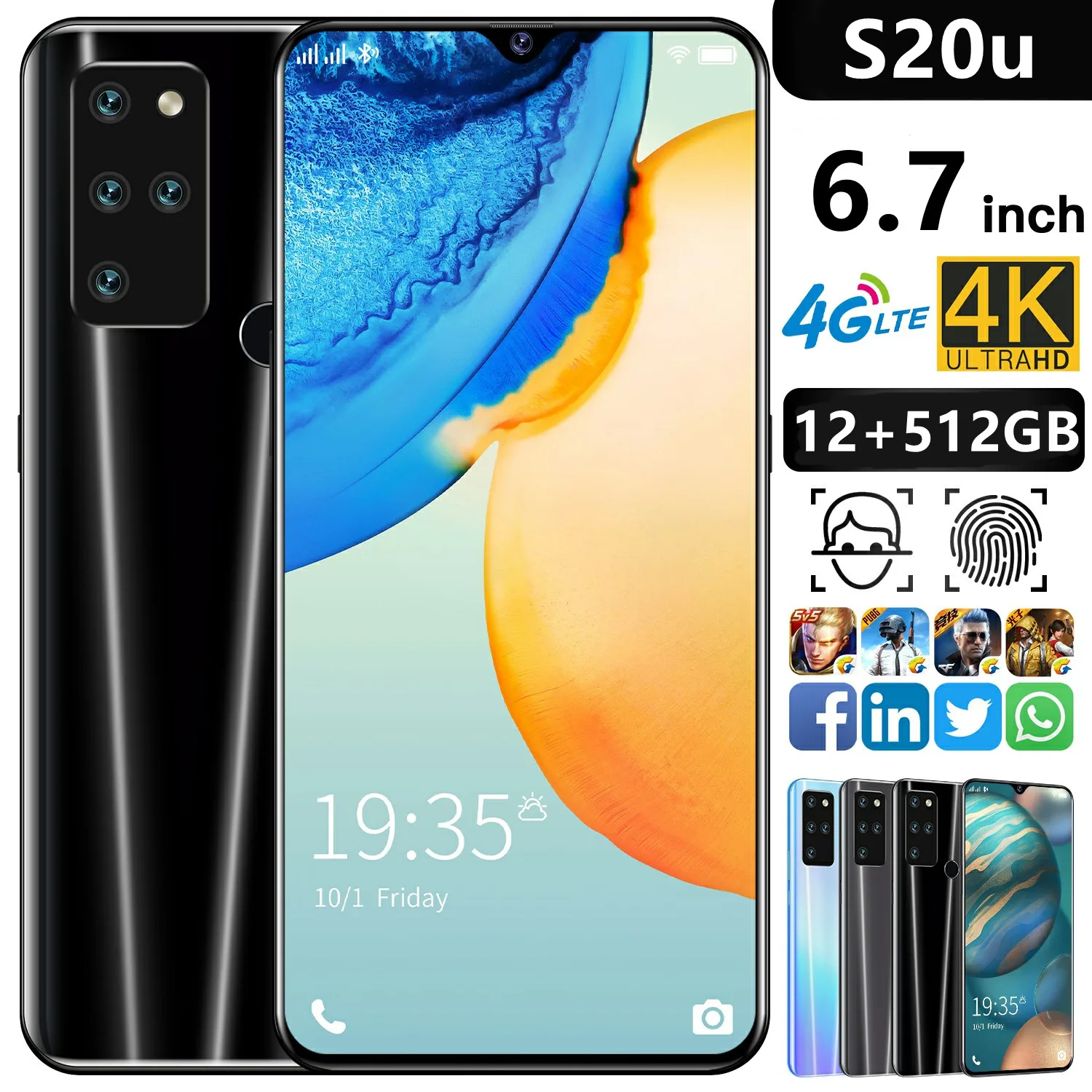 

Global Version S20u 4G 6.7 Inch 12GB+512GB Smartphone 6800mAh 24MP+32MP Unlock Mobile Phones Smart Phone Global Version