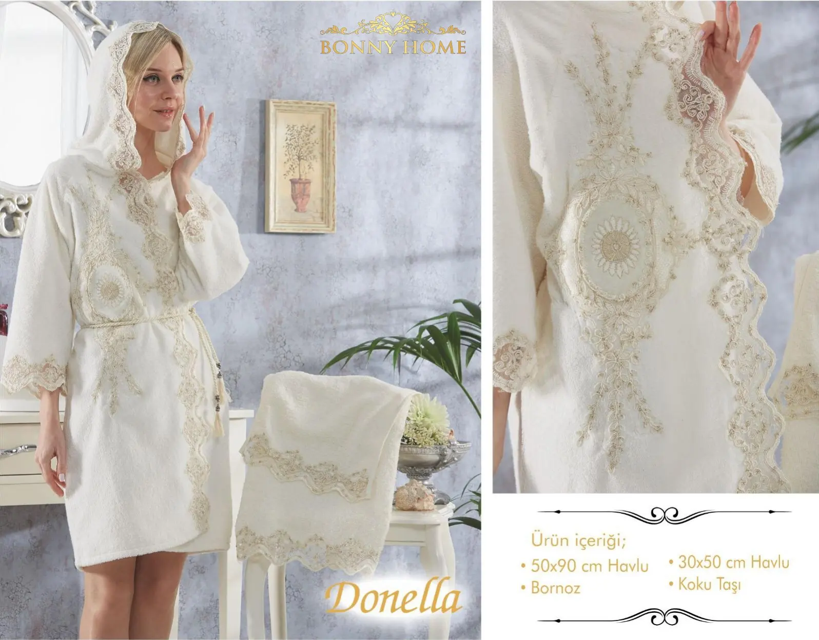 Красивая домашняя Donella 3 штуки Для женщин халат комплект 100% хлопка кружевные